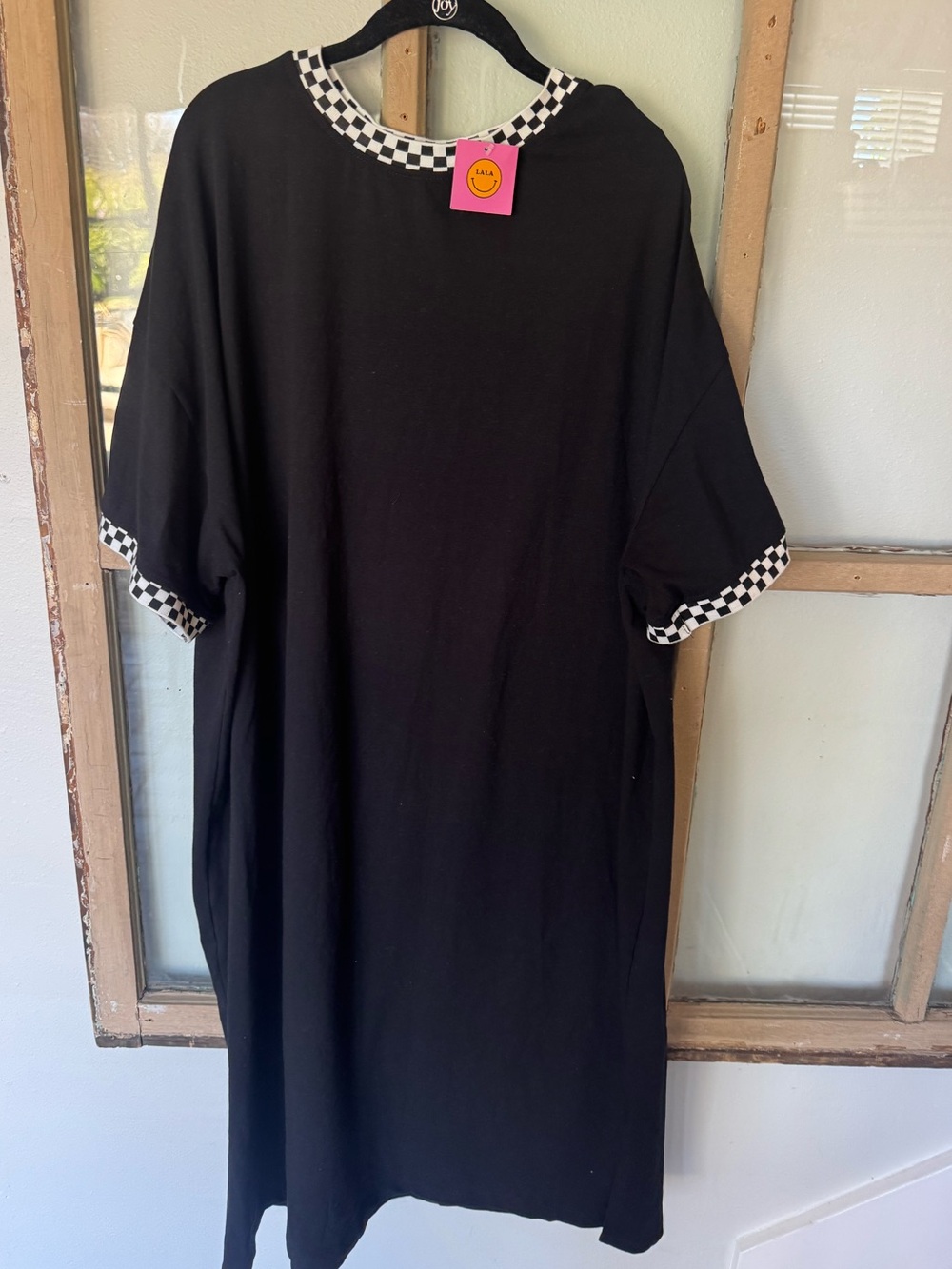 Dresses in LALA Black Tshirt dress with Checkerboard Trim-so cute comfy & cool! - Picture 2 of 11